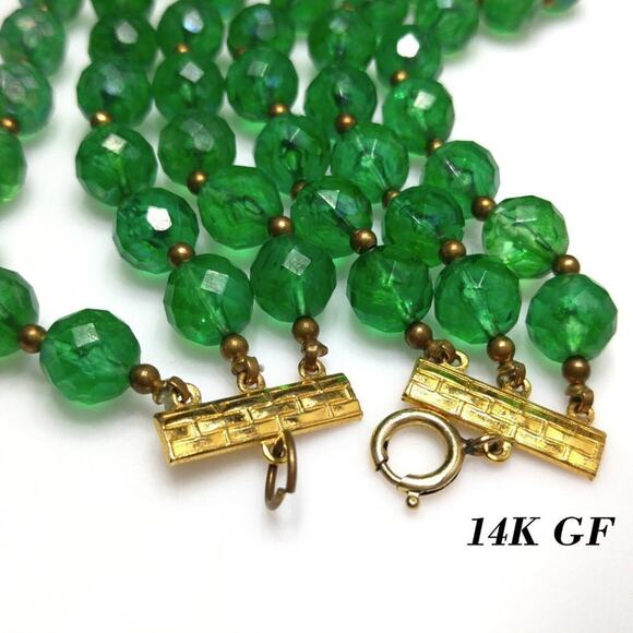 Vintage Green Gold Art Beads Necklace, Three Strands, 19 Inches - Picture 10 of 10